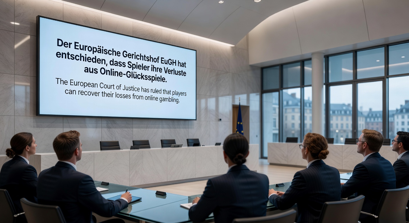 Symbolisches Bild eines Online-Spielers am Laptop mit Euro-Symbolen und Gerichtshammer, illustriert finanzielle Rückforderungen aus Glücksspielen